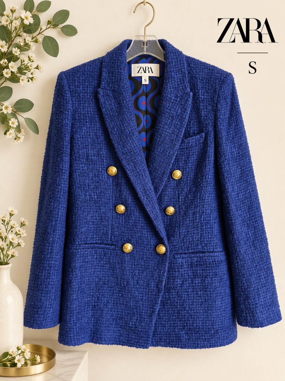 EUC Zara Royal Blue Double-Breasted Bouclé/Tweed Blazer with Gold Buttons, S